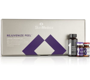 SkinMedica Rejuvenize Peel Series containing prepping solution, rejuvenize peeling solution, rejuvenize retinol solution, an instruction guide, and 18 mixing cups