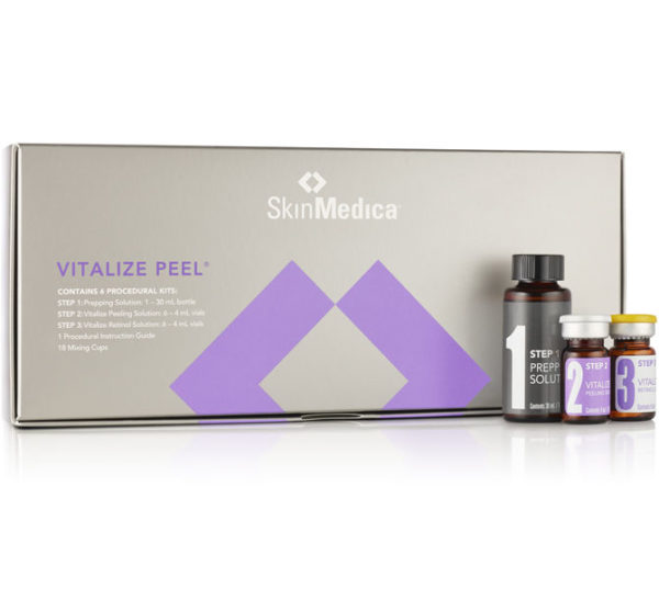 SkinMedica Vitalize Peel Series containing prepping solution, vitalize peeling solution, vitalize retinol solution, an instruction guide, and 18 mixing cups