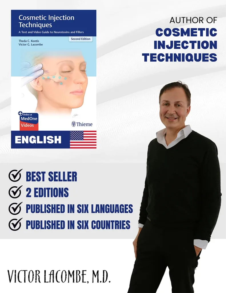 Dr Lacombe's book cover, "Cosmetic Injection Techniques" in English