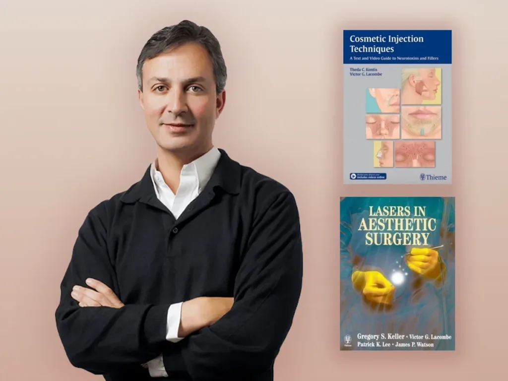 A headshot of Artemedica's Dr. Lacombe standing next to his two best-selling textbooks