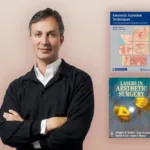 A headshot of Artemedica's Dr. Lacombe standing next to his two best-selling textbooks